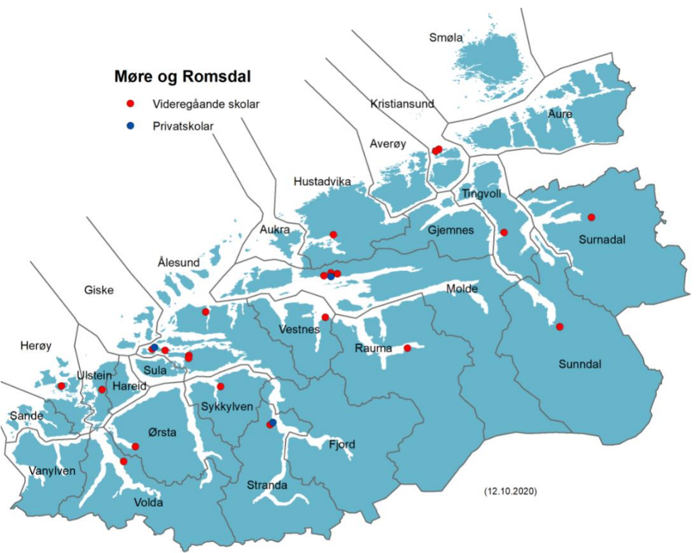 Oversiktskart, vidaregåande skolar i Møre og Romsdal