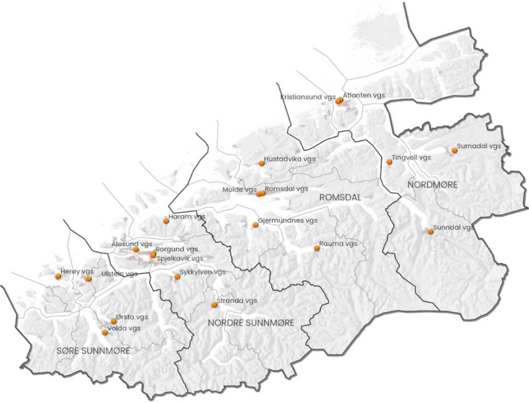 Kart over vidaregåande skolar i Møre og Romsdal fylke per 2025.